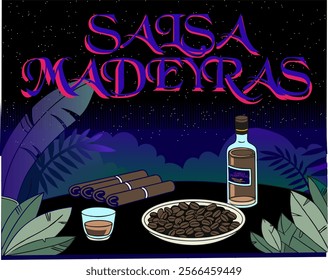 banner, text, coffee, cigars, whiskey, leaves, night, jungle, stars, neon, poster, relax.