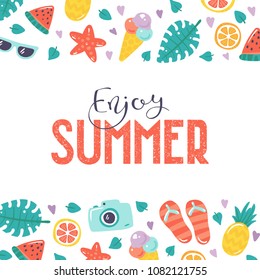 Banner with the text "Enjoy summer". Summer poster with colored flat vector icons. Cute doodle illustration of summer vacation. Green tropical leaves, starfish, sun glasses, fruits, flowers, hearts. 