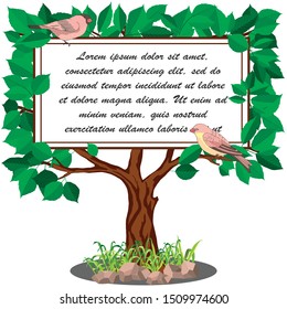 banner for text in the form of a tree with leaves, birds, isolate on a white background