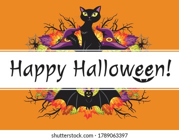 Banner with text Happy Halloween and angry smile.