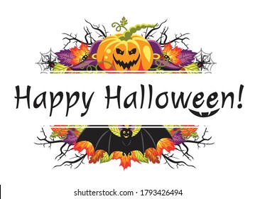 Banner with text, Happy Halloween and angry smile. Pumpkin and a bat and themed elements for halloween on the white background. Vector illustration.