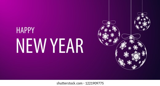 Banner text happy new year with three Christmas balls with a snowflake pattern on the blue gradient background