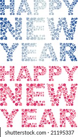 Banner with the text Happy New Year made with many happy faces, hearts and money symbol