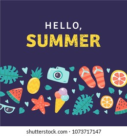 Banner with the text "Hello, summer". Summer poster with colored flat vector icons. Cute doodle illustration of summer vacation. Green tropical leaves, starfish, sun glasses, fruits, flowers, hearts. 