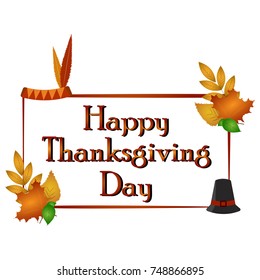 Banner with text, leaves and a pilgrim hat, Thanksgiving day, Vector illustration