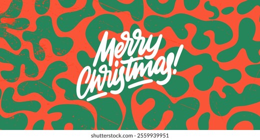 Banner with the text “Merry Christmas.” The lettering is hand-drawn. The background is abstract art with red and green patterns, evoking a Christmas atmosphere