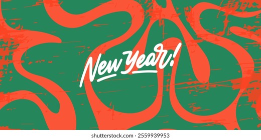 Banner with the text “New Year.” The lettering is hand-drawn. The background is abstract art with red and green patterns, evoking a Christmas atmosphere