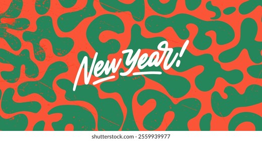 Banner with the text “New Year.” The lettering is hand-drawn. The background is abstract art with red and green patterns, evoking a Christmas atmosphere