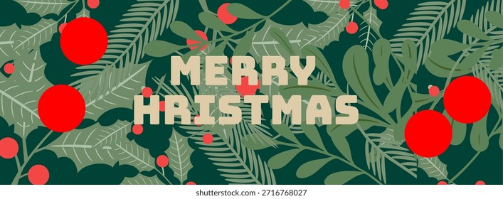 Un Anuncio con el texto Navidades alegres que se superponen a varias hojas de hoja perenne y bayas rojas Grandes adornos rojos y follaje invernal festivo crean un patrón de fondo festivo denso