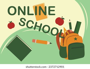 Banner with text ONLINE SCHOOL, backpack and supplies on green b