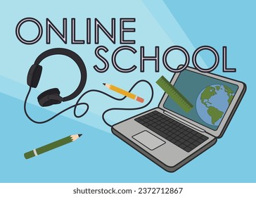 Banner with text ONLINE SCHOOL, laptop and supplies on light blu