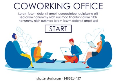 Banner Text Page Advertising Coworking Office. Cartoon Workers People Characters Using Laptop. Freelancers at Work on Comfortable Place. Communication, Sharing Space. Vector Flat Illustration