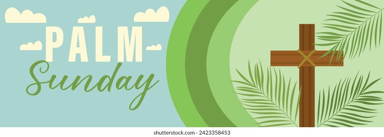 Banner with text PALM SUNDAY, cross and branches 