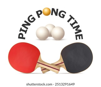 Banner with text Ping-pong time. For advertising tournaments and competitions. Rackets and balls for playing table tennis. Vector.
