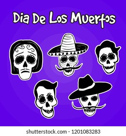 A banner with a text and a set of hand drawn men sugar skull avatar stickers dedicated to traditional mexican holiday Dia De Los Muertos