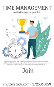 Cartel con el texto Manejo del tiempo, hombre de pie y sosteniendo la copa de oro cerca de cronómetro. Productividad personal, crecimiento efectivo, concepto de ganador en ilustración vectorial de tipo plano