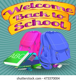 banner with text welcome back to school, backpacks, school items