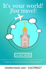 Banner with text Its your world.Just travel. Concept website template.Modern flat design. Vector Illustration.Chapel in the name of St. Nicholas the Wonderworker, Novosibirsk