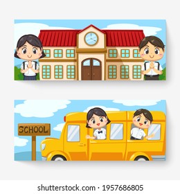 Banner of Thai boy and girl wearing student uniform and School bag, bus and school in cartoon character, concept back to school,  isolated vector illustration