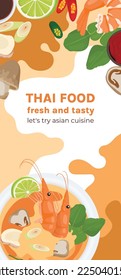 Banner Thai cuisine vertical. Tom yum soup and asian food promotion flyer