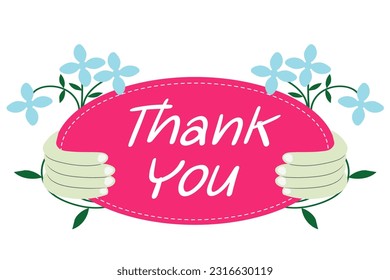 Banner, thank you, white letters, pink background. Watercolor painting with flowers and fingers