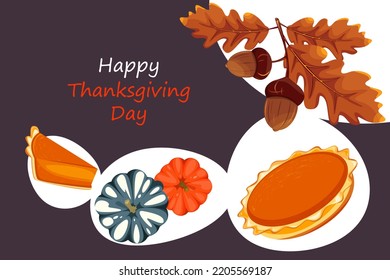 Ein Banner für Thanksgiving.Hintergrund mit Herbstelementen, Kürbiskuchen, Eichhörnchen, Kürbis.Glückliches Thanksgiving-Banner-Design.