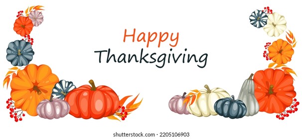 A banner for Thanksgiving.Background with colorful pumpkins, autumn foliage, mountain ash.Happy Thanksgiving banner design.