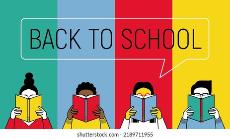 Banner for theme of back to school. Students read books. Vector minimalism background. Design template for a library, school, education theme. Students are reading.