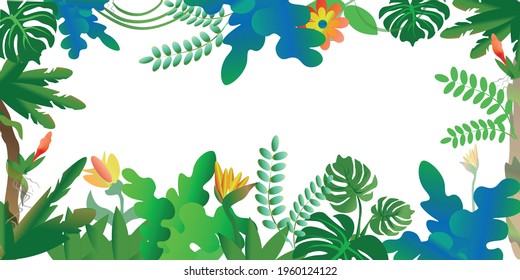 Banner of thickets of tropical jungle plants, their lush green leaves, vibrant flowers and lianas. Background from shrubs, herbs and trees.