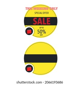 Cartel de este fin de semana sólo venta de ofertas especiales hasta un 50 por ciento de descuento. Material publicitario