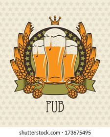 banner with three glasses of beer, malt, wheat and