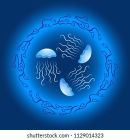 A banner with three jellyfish floating in a circle. Surrounded by algae. In a ray of light. Vector illustration.