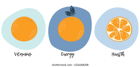 Banner with three oranges on blue background and text "Vitamins", "Energy", "Health".