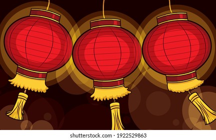 Banner with three traditional Chinese lanterns with fringes, illuminating the night with bokeh effect.