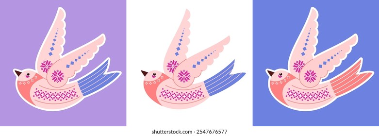 Banner of three winter birds with snowflakes ornament and northern Norwegian, Finnish folklore patterns for embroidery. Cute vector illustration for Christmas greeting card, stickers, tag.