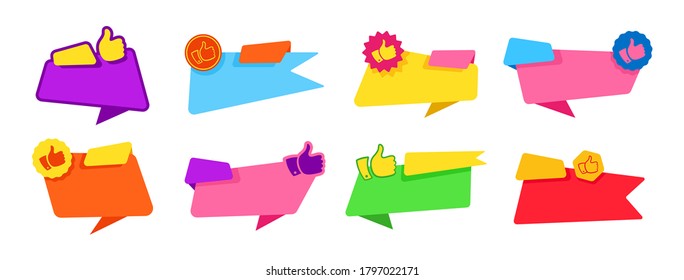 Banner thumb up, for text flat design set. Recommended tag label collection, decorative sale icons. Promotion marketing advertising blank sticker, colorful cartoon style. Web icon kit. Isolated vector