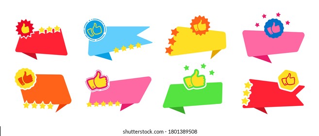 Banner thumb up, for text flat design set. Web icon kit with star, explosion. Recommended tag label collection, sale icons, explosion. Promotion marketing cartoon advertising blank. Isolated vector