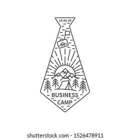 Banner in tie shape for Business camp in linear style. Mountain and pine tree, sunshine and hiking tent in tie contour. Vector illustration.