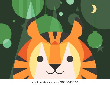 Banner with tiger and Christmas decorations. Holiday postcard design in flat style.