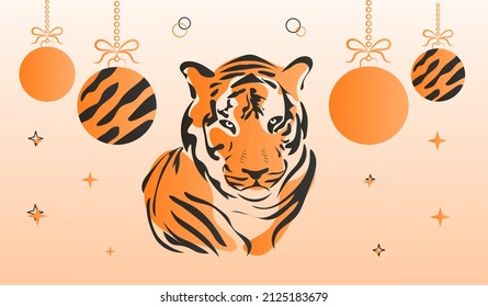 Banner with tiger. Design for invitation and greeting cards. New year and christmas, advertising banner or poster. Christmas tree decoration balls and animal. Cartoon flat vector illustration