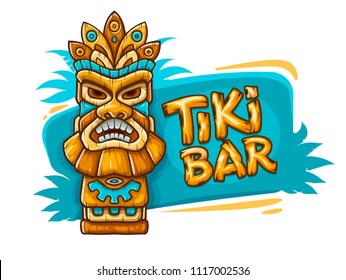 Banner with Tiki ethnic traditional tribal mask. Totem symbol with human face from hawaiian culture, isolated on white background. EPS10 vector illustration.