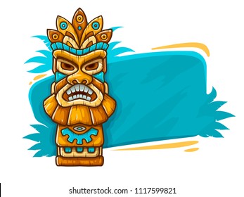 Banner with Tiki ethnic traditional tribal mask. Totem symbol with human face from hawaiian culture, isolated on white background. EPS10 vector illustration.