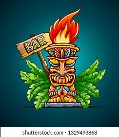 Banner with Tiki ethnic traditional tribal mask. Totem symbol with human face from hawaiian culture in green palm jungle leaves. Cocktail bar sign design. Eps10 vector illustration.