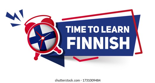 Banner Time to learn Finnish. Alarm clock with british flag on the dial - training concept

