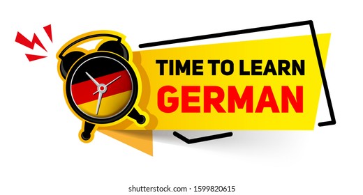 Banner Time to learn German. Alarm clock with a german flag on the dial - training concept
