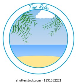 Banner Time of relaxation. Sea, sand, beach and palm trees against the blue sky. Rest on the sea. Flat design, vector illustration, vector.