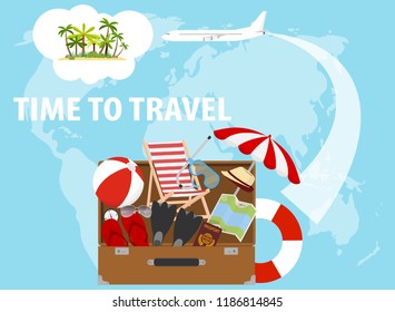 Banner time to travel, traveler's set. Traveler's suitcase with things. Flat design, vector illustration, vector.