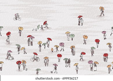 Banner with tiny grey people with colorful umbrellas, can be tiled horizontally: pedestrians in the street, a diverse collection of small hand drawn men, women and kids walking through the rain