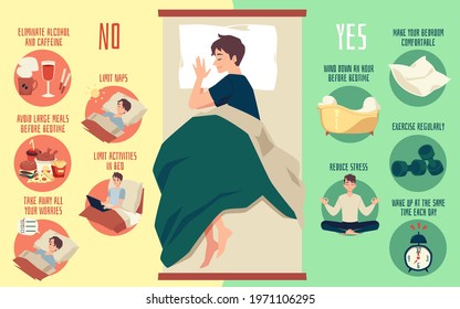 Banner with tips for healthy night sleep. Rules for prevent to insomnia and reasons of sleeping problems. Flat cartoon vector illustration with text