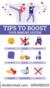 Banner with tips how to boost your immune system. Male characters with strong immunity fighting with viruses and bacteria. Vector flat illustration.